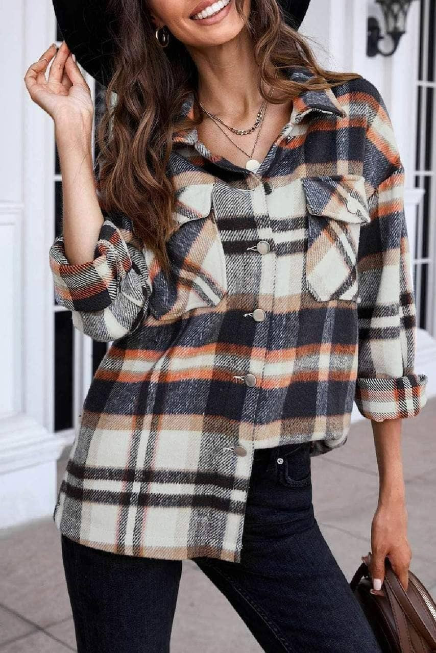 Blue Geometric Plaid Print Pocketed Shirt