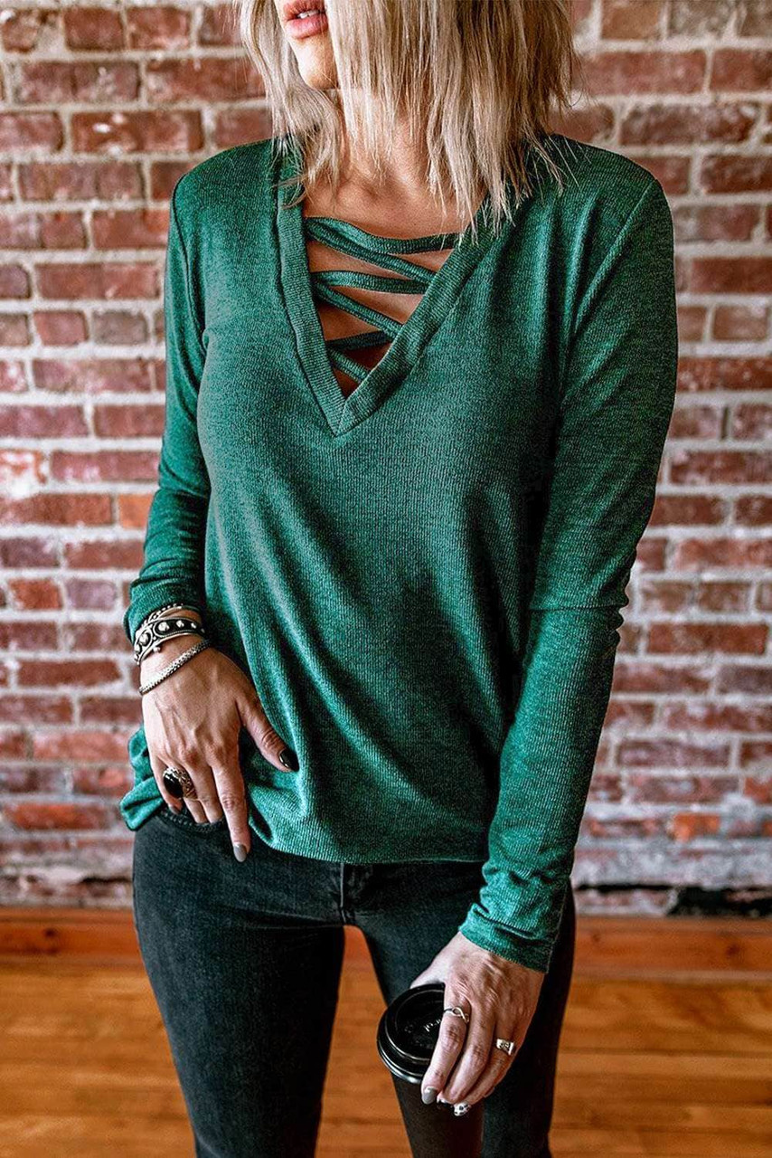 Criss Cross V Neck Long Sleeve Top