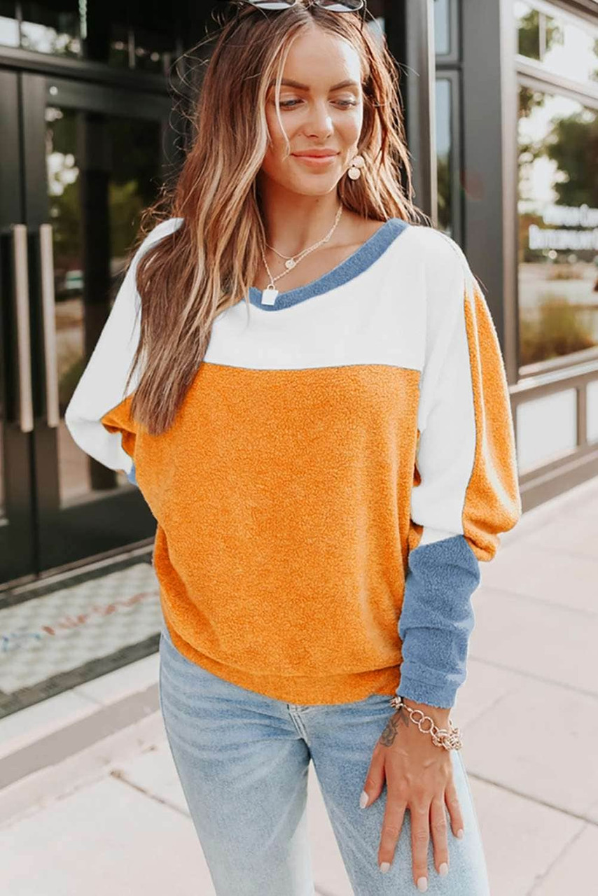 Fleece Colorblock Dolman Sleeves Pullover Top