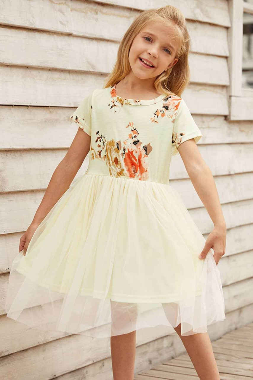 Short Sleeves Floral Bodice Empire Waist Kids' Tulle Dress