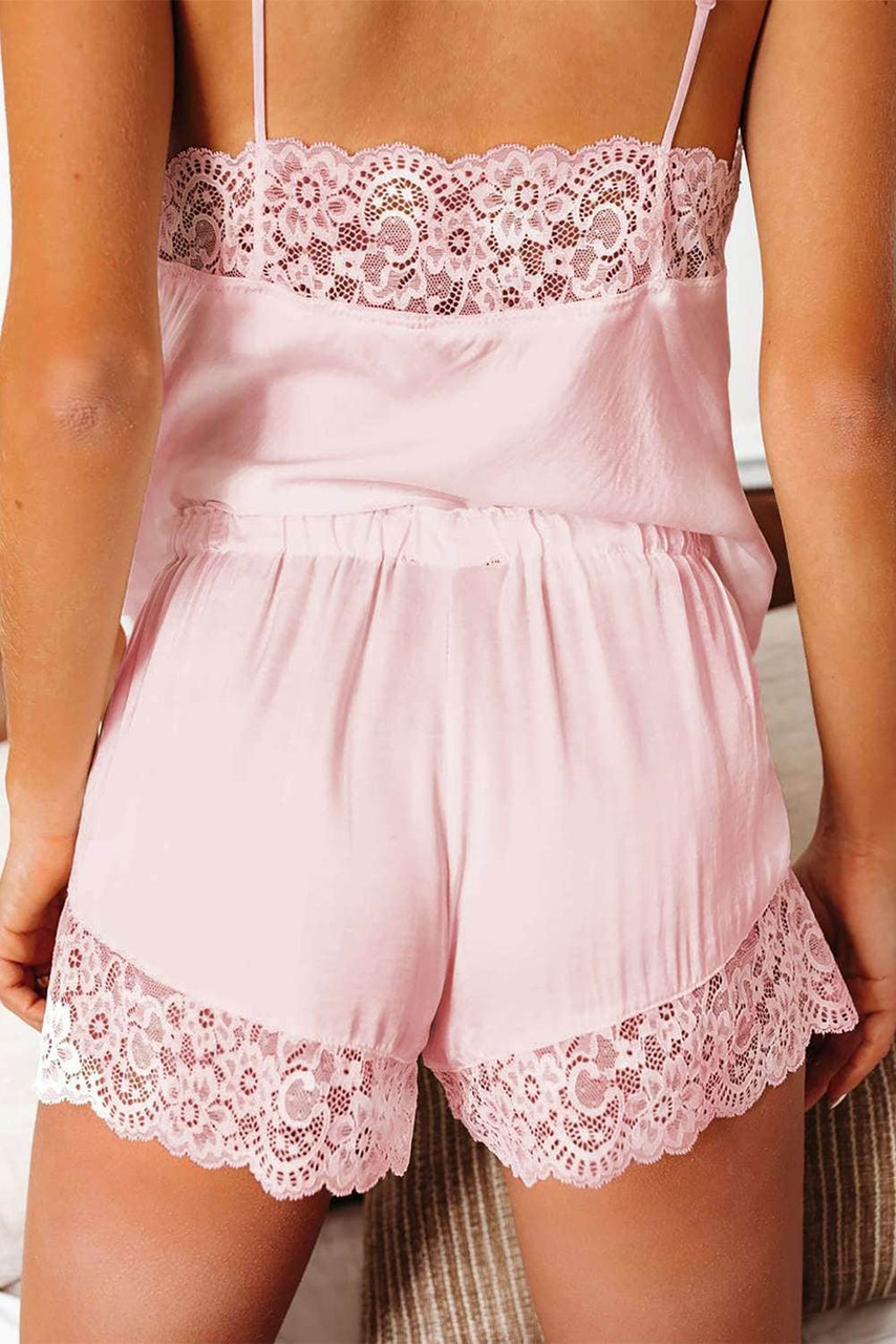 Pink Lace Trim Tank Top and Shorts Pajamas Set
