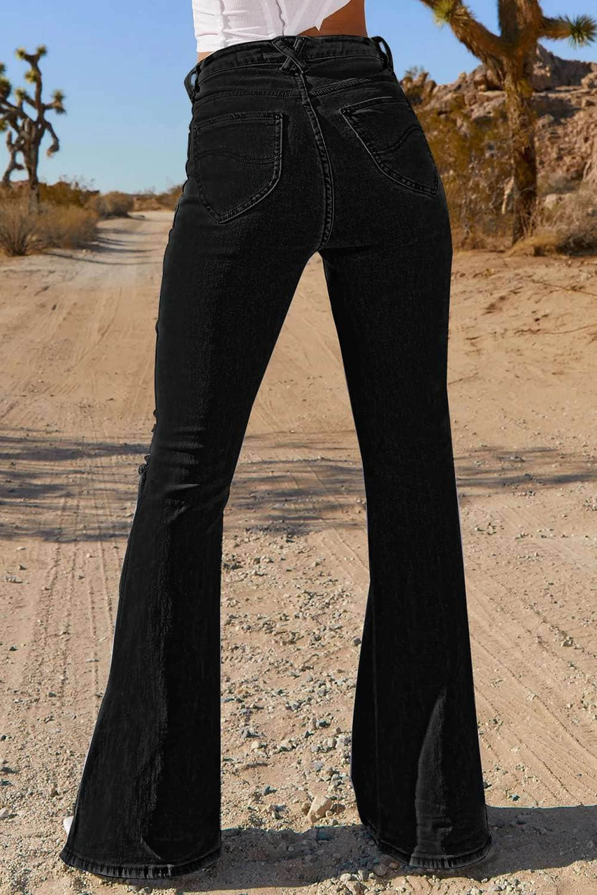 Black Ripped Slit Legs Flare Jeans