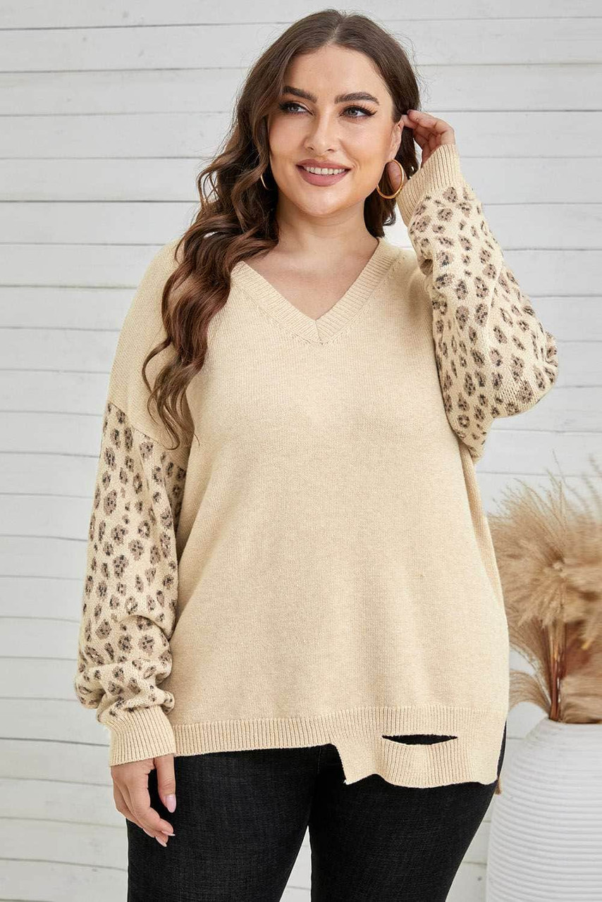 Khaki Distressed Hemline Leopard Sleeve Plus Size Sweater