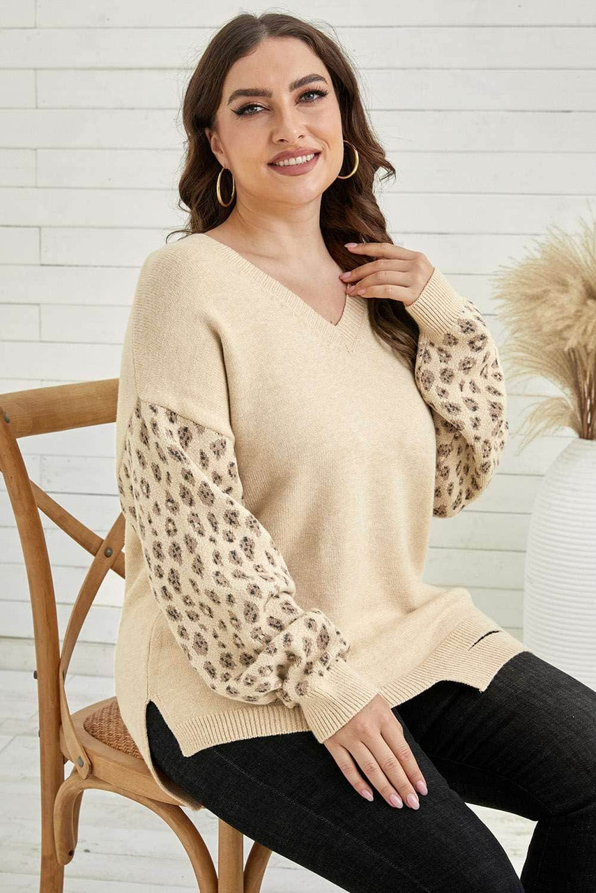 Khaki Distressed Hemline Leopard Sleeve Plus Size Sweater