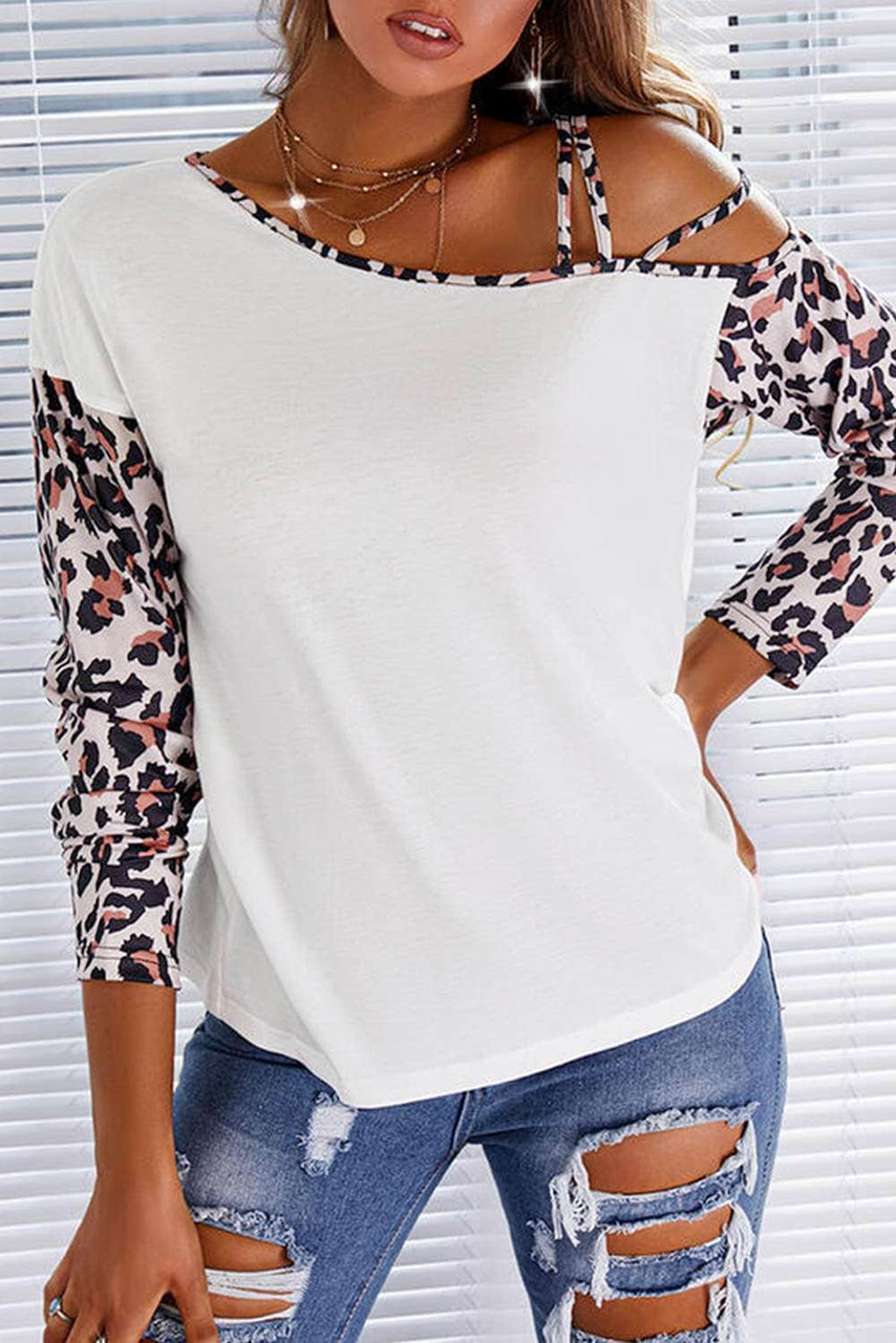 Leopard Splicing Cut Out One Shoulder Blouse