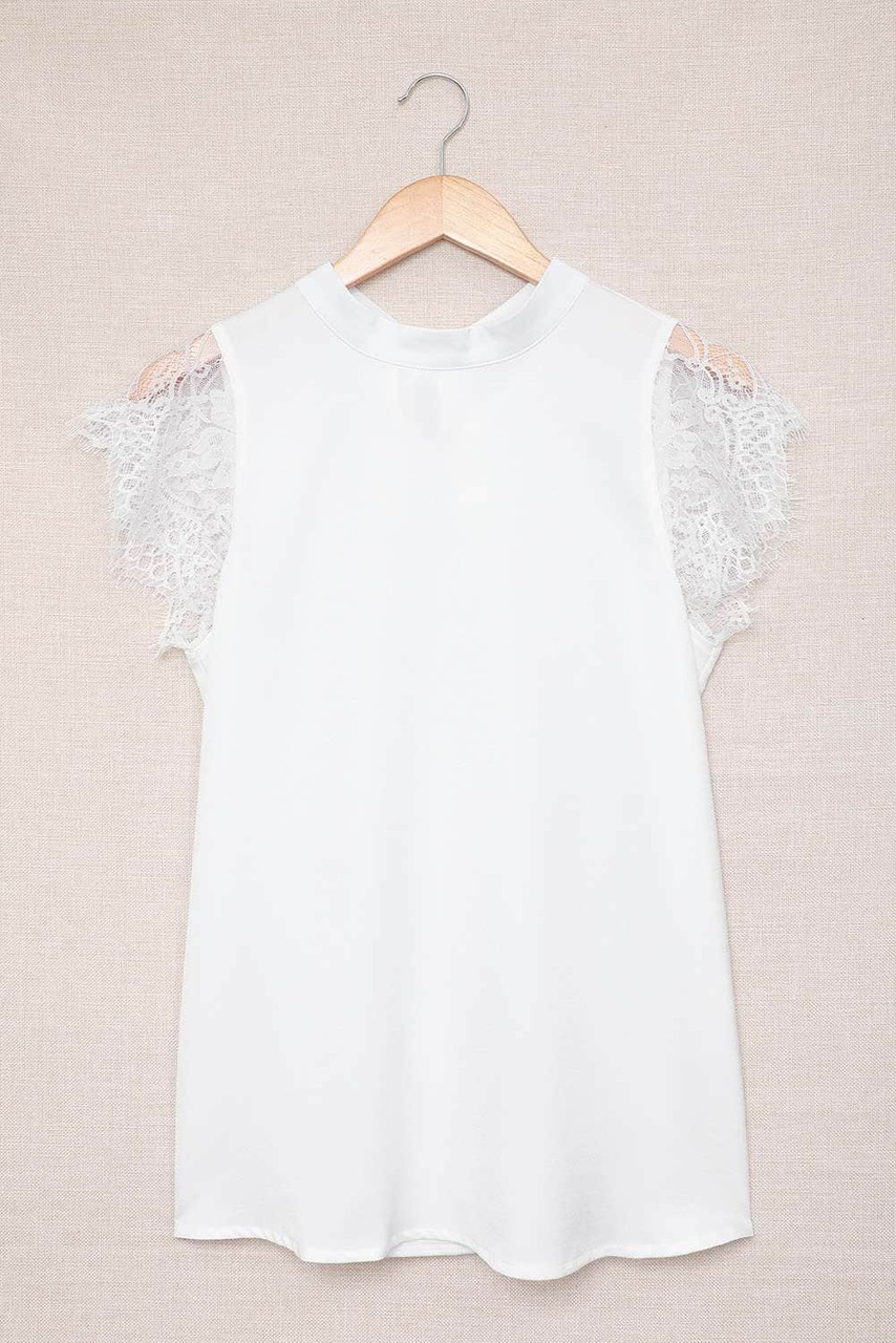 White Lace Splicing Tie Knot Mock Neck T-shirt