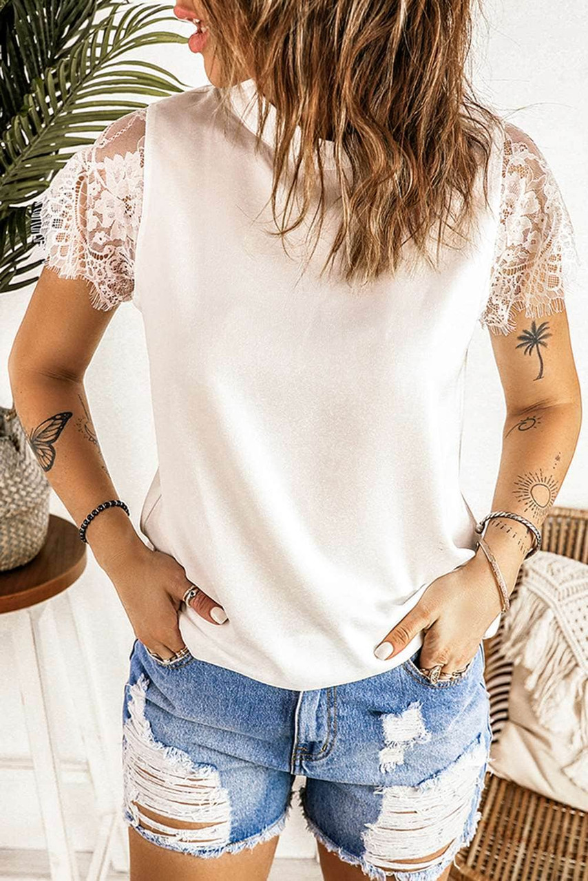 White Lace Splicing Tie Knot Mock Neck T-shirt White Lace Splicing Tie Knot Mock Neck T-shirt