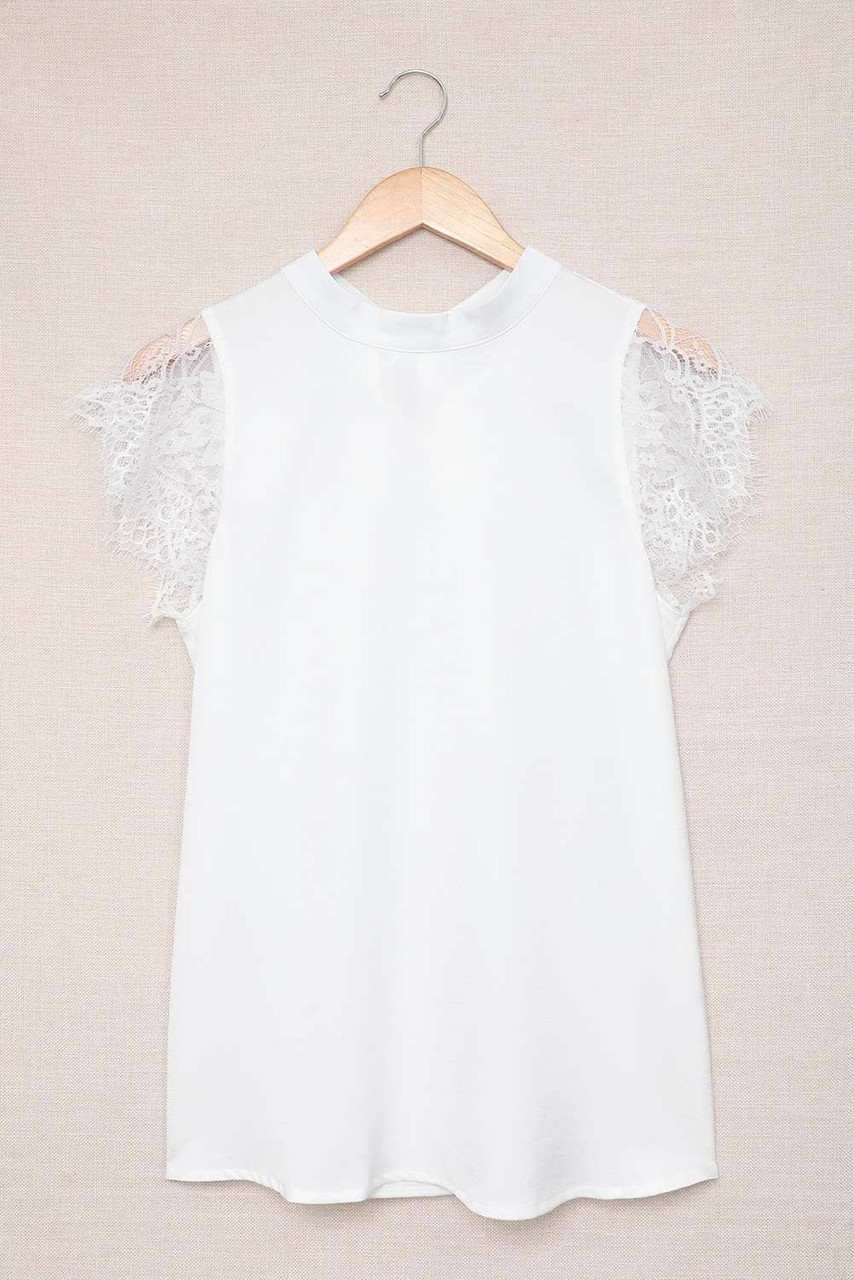 White Lace Splicing Tie Knot Mock Neck T-shirt White Lace Splicing Tie Knot Mock Neck T-shirt