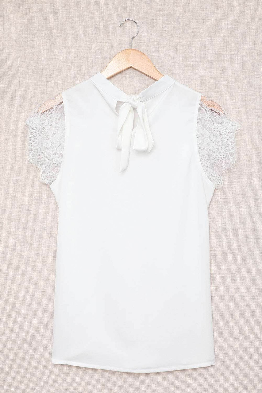 White Lace Splicing Tie Knot Mock Neck T-shirt White Lace Splicing Tie Knot Mock Neck T-shirt