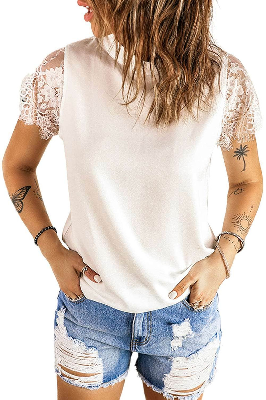 White Lace Splicing Tie Knot Mock Neck T-shirt White Lace Splicing Tie Knot Mock Neck T-shirt