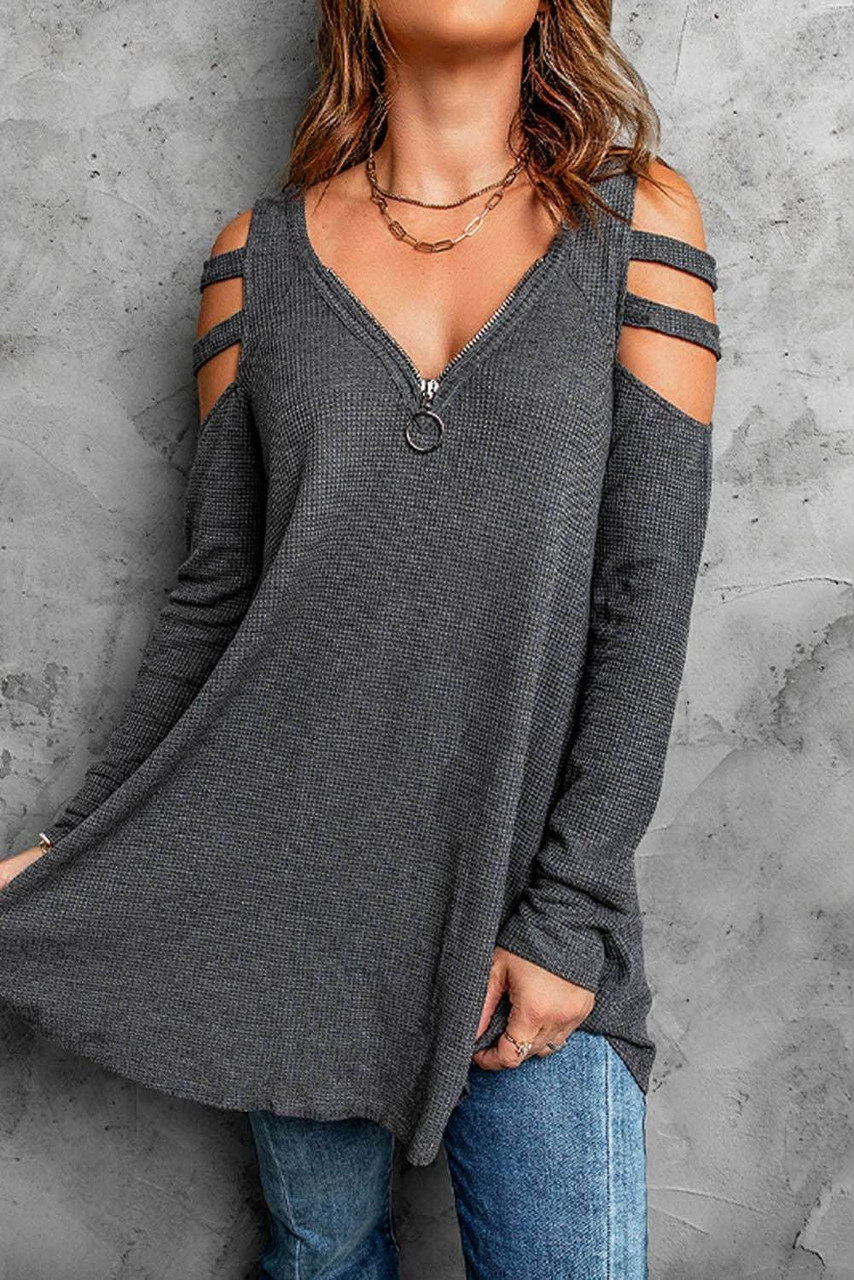 Gray Zip Neck Cut-out Waffle Knit Long Sleeve Top