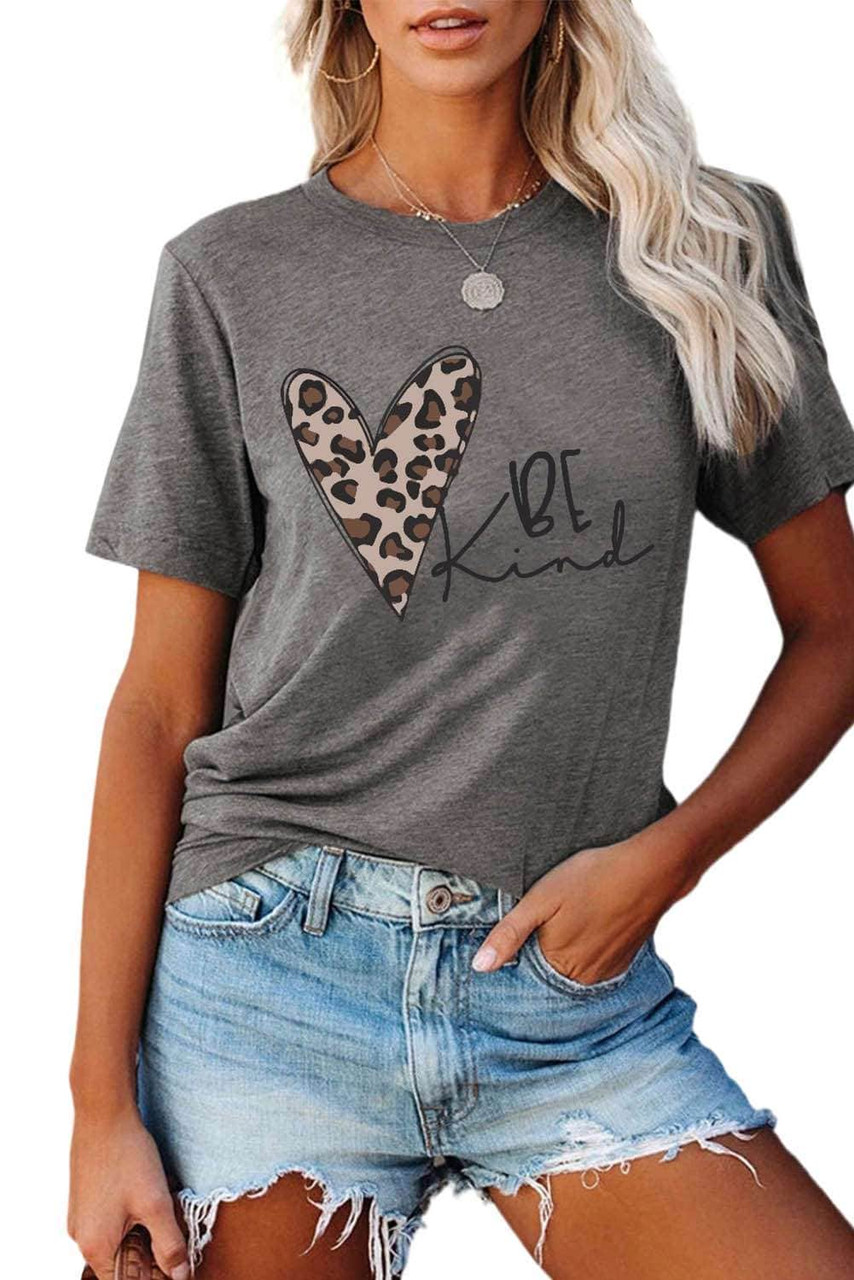 Be Kind Leopard Heart Shape Print Short Sleeve T-shirt