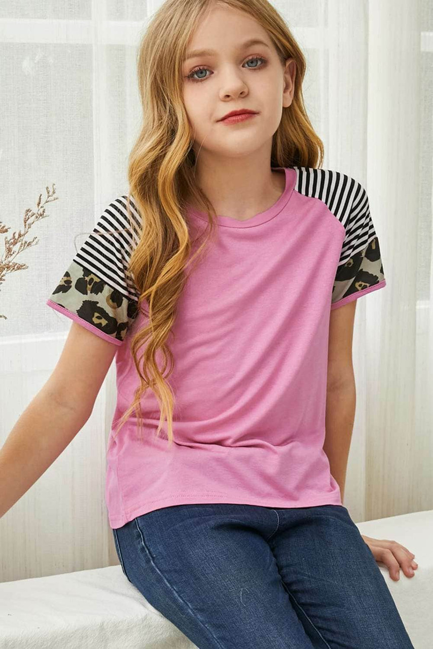 Pink Girls’ T-shirt with Striped Leopard Sleeve