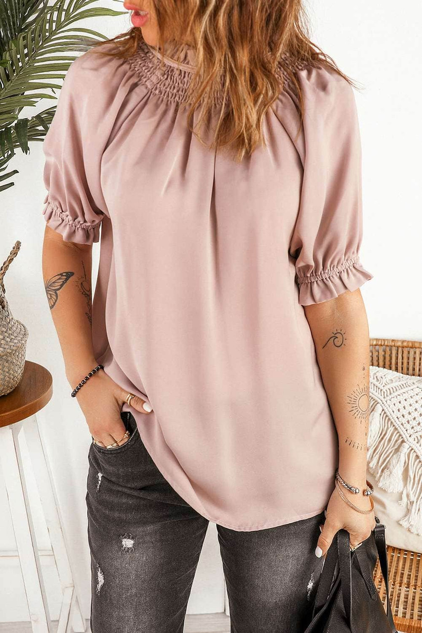 Khaki Split Frill Neck Puff Sleeve Blouse