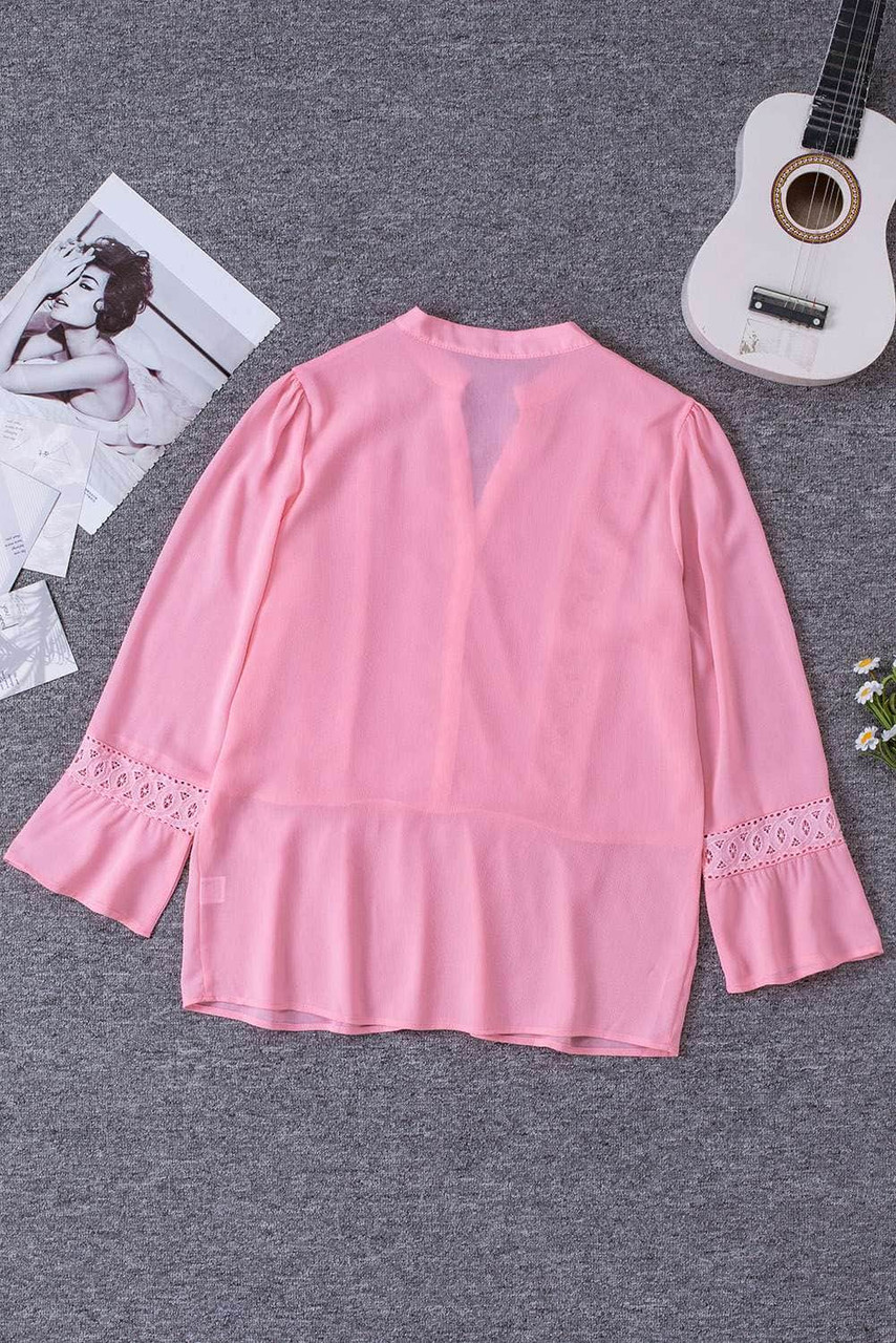 Pink Lace Ruffed 3/4 Sleeve V Neck Shirt