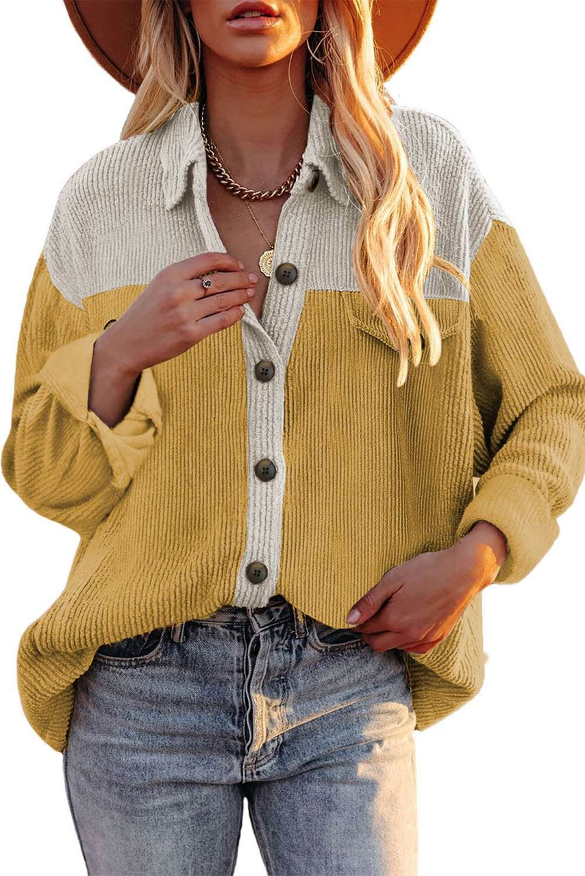 Gray Buttoned Color Block Corduroy Jacket