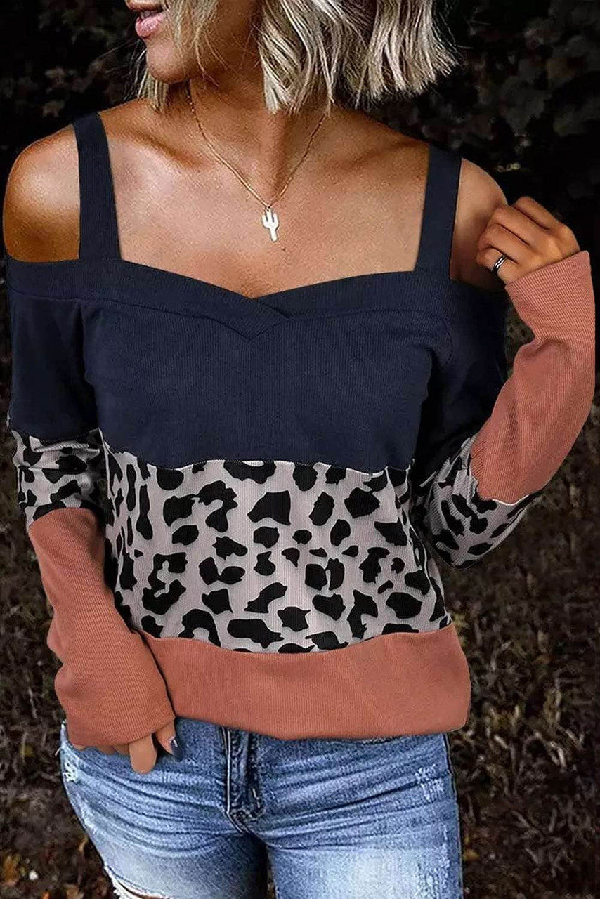 Leopard Color Block Cold Shoulder Blouse