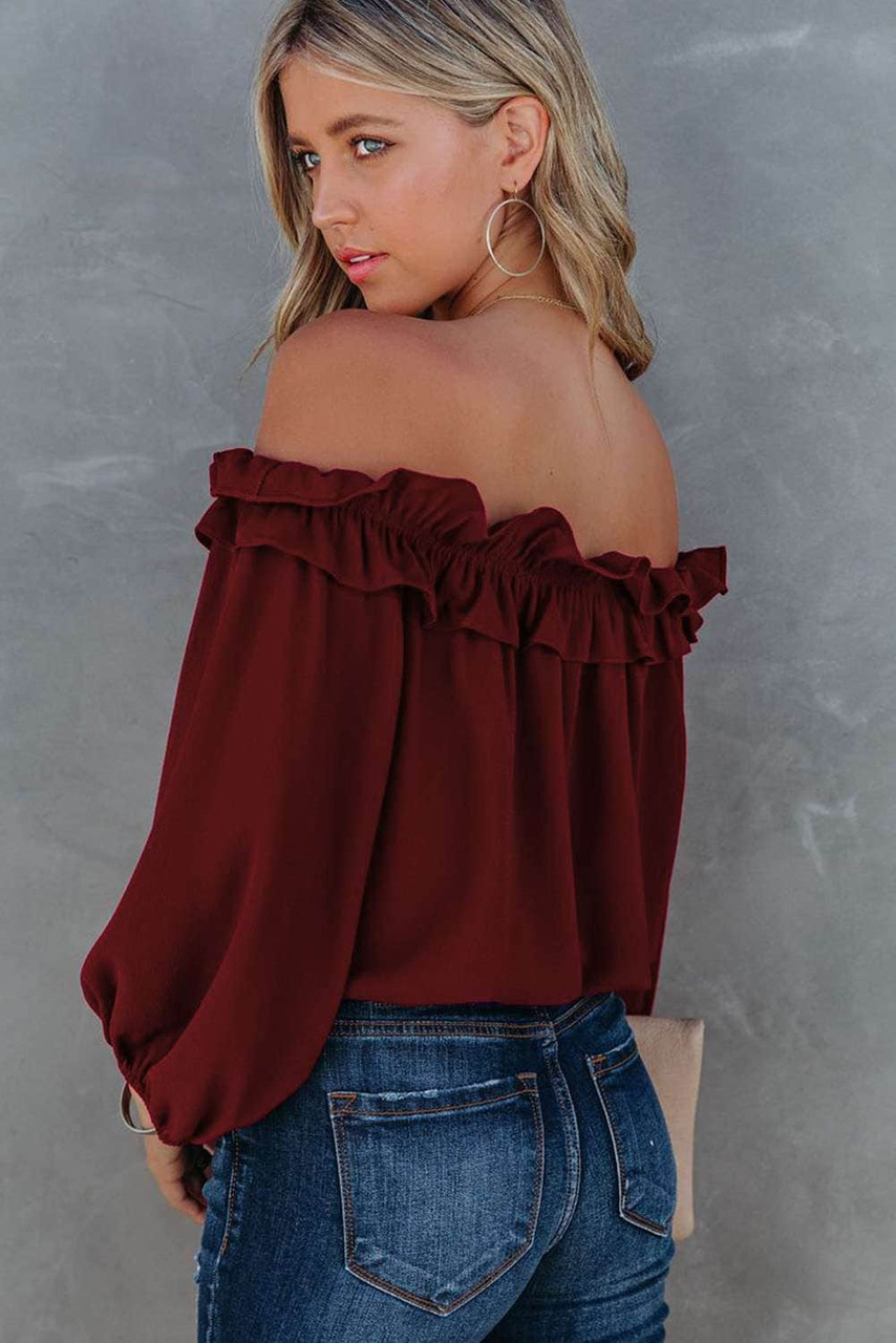 Red Puff Sleeve Ruffled Off Shoulder Blouse