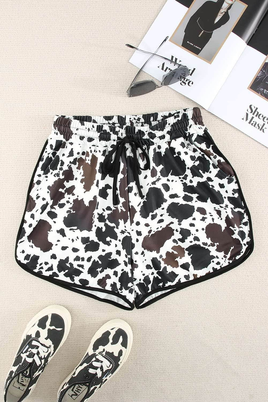 Cow Print Straight Leg Drawstring Mid Waist Shorts