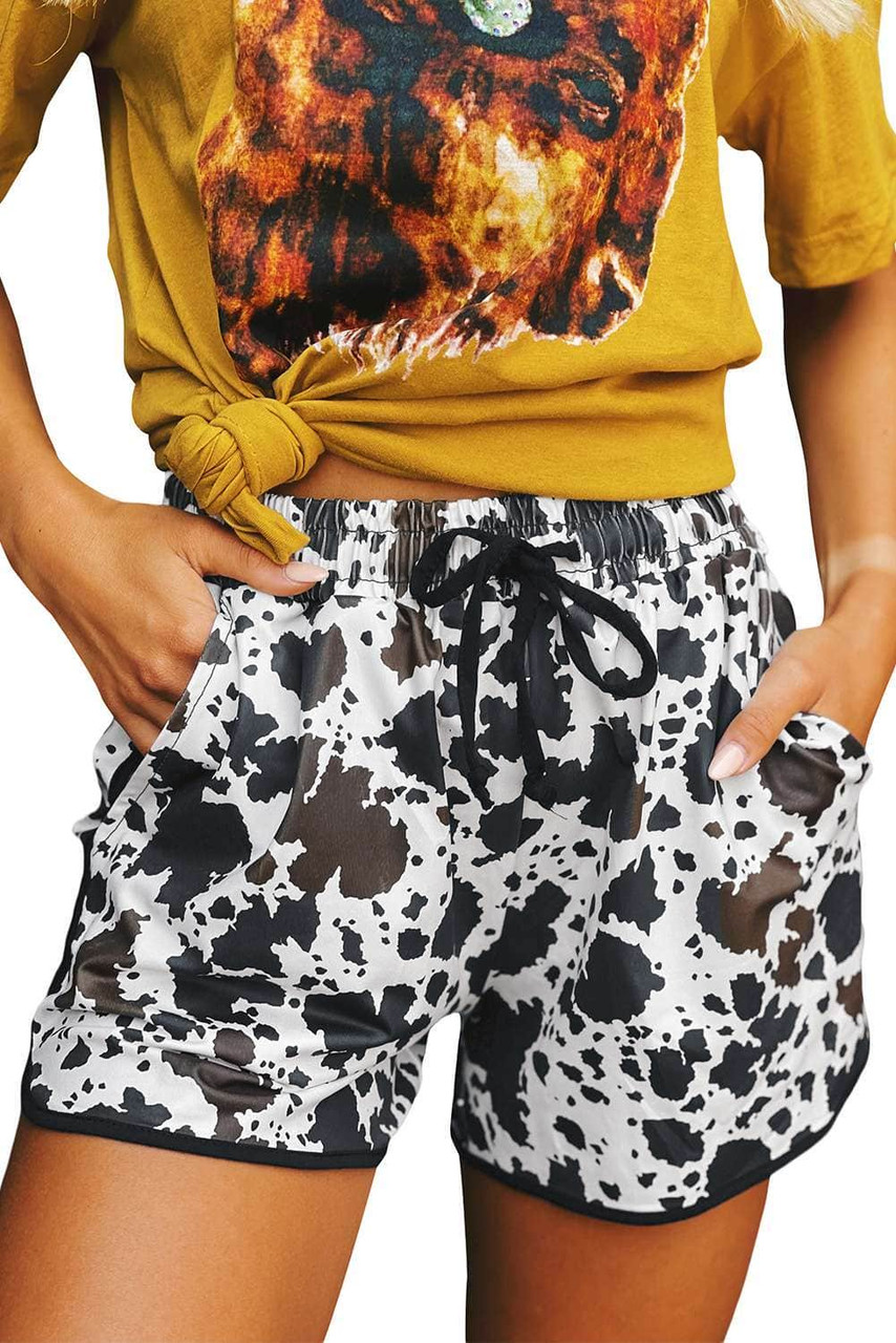 Cow Print Straight Leg Drawstring Mid Waist Shorts