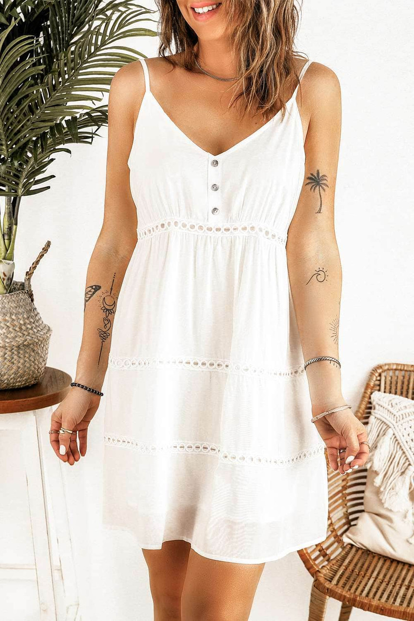 White Crochet Spaghetti Straps Mini Dress