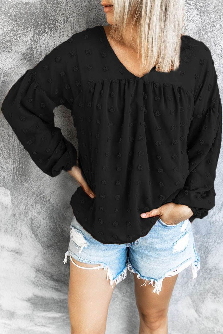 Black Swiss Dot V Neck Puff Sleeve Babydoll Shirt