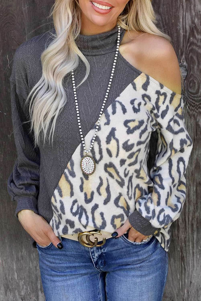 Leopard Color Block Cold Shoulder Turtleneck Top