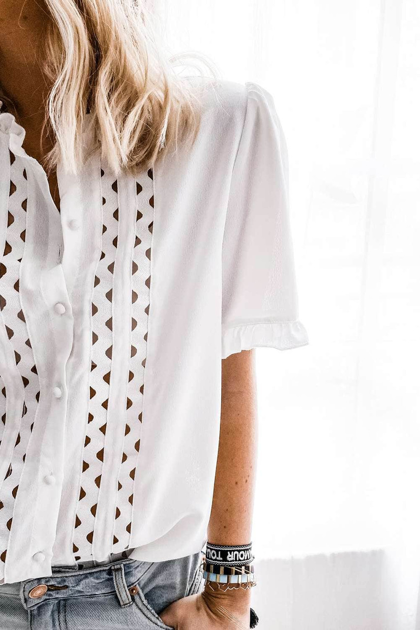 White Frilled Hollow-out Short Sleeve Shirt