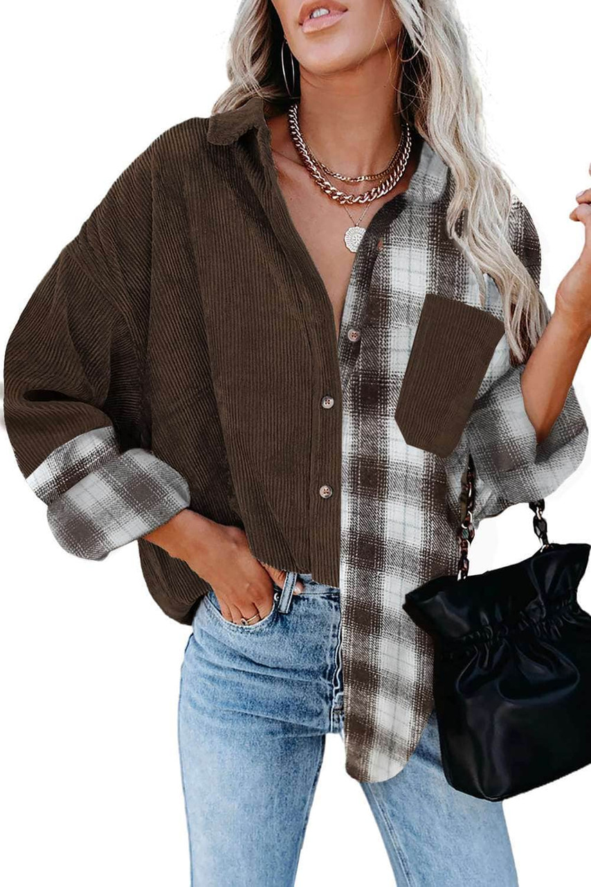 Brown Plaid Color Block Button-up Oversize Corduroy Shirt