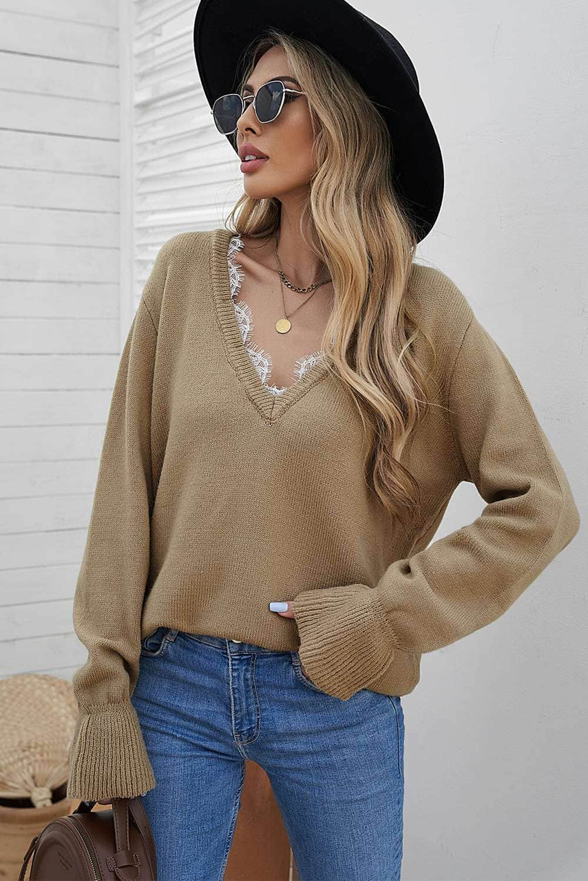 Khaki Eyelash V Neck Knitted Sweater