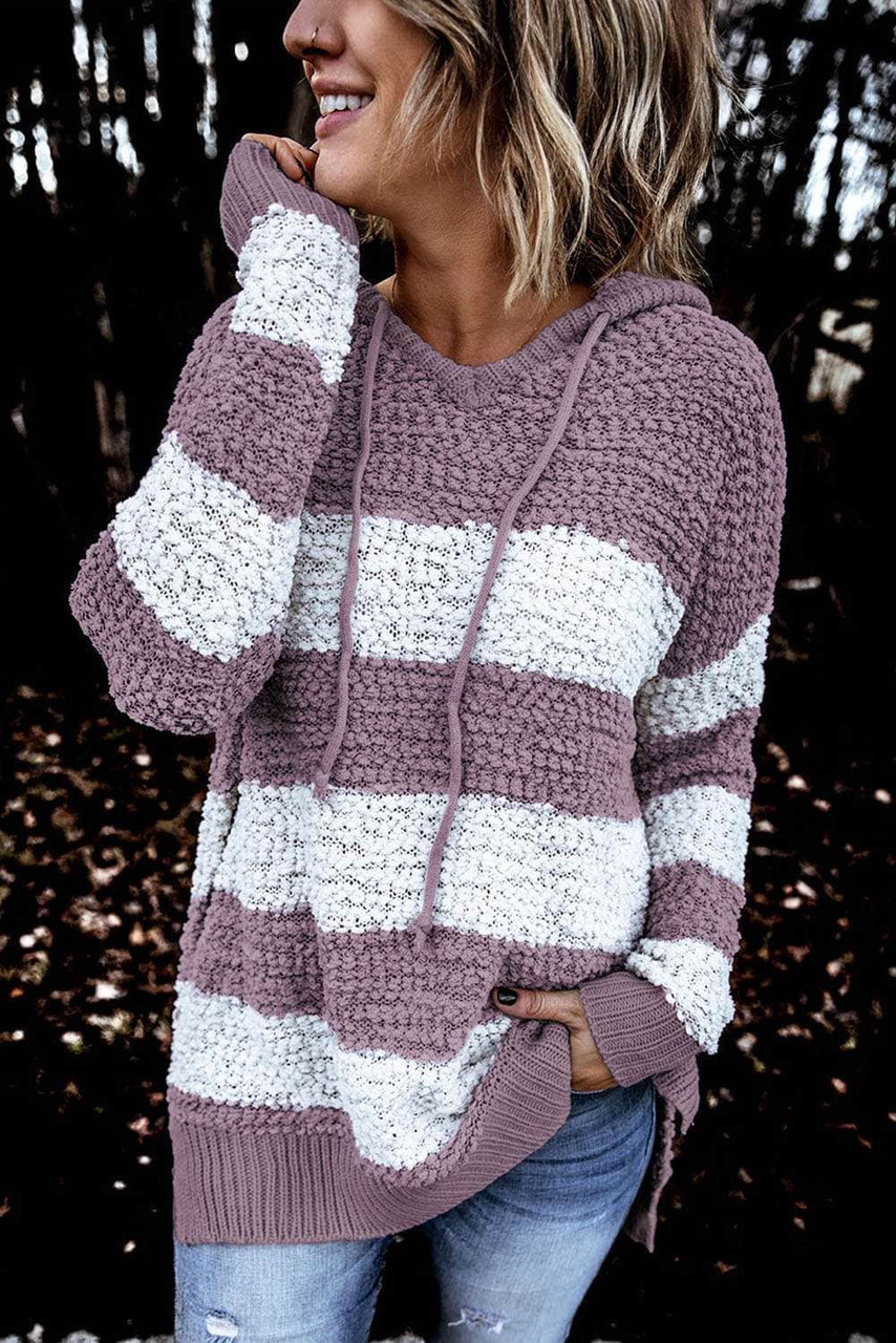 Purple Color Block Side Slit Knitted Hooded Sweater