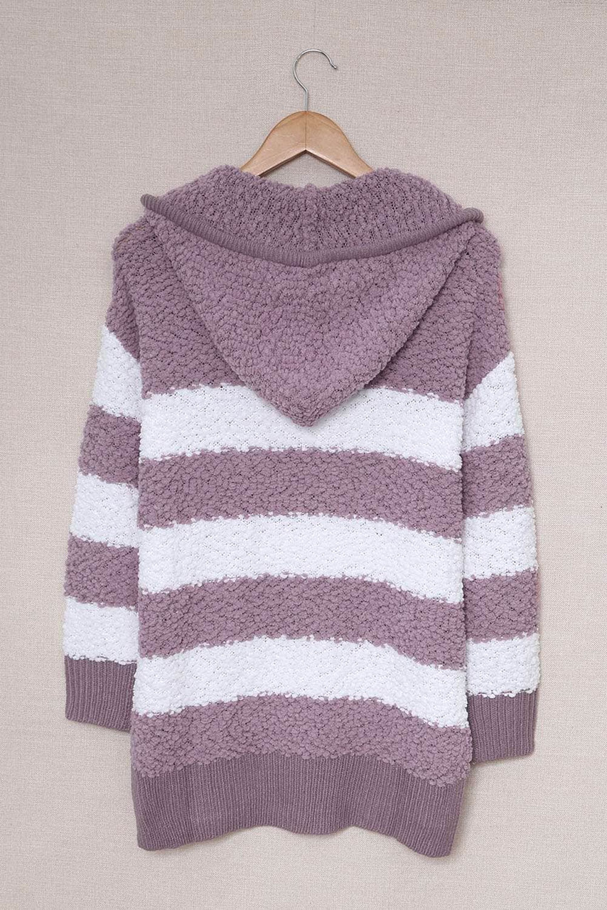 Purple Color Block Side Slit Knitted Hooded Sweater