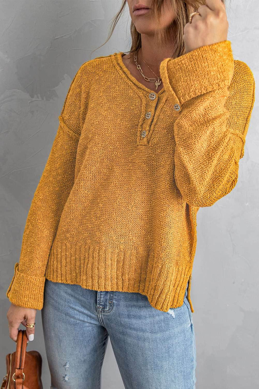 Yellow Buttoned Knitted Drop Shoulder Sweater