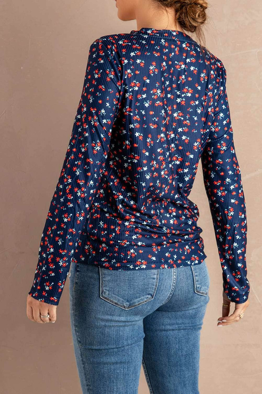 Navy Button V Neck Long Sleeve Floral Top