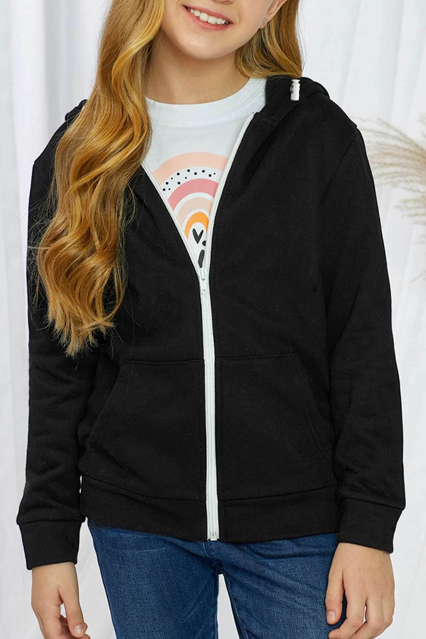 Black Zipper Hooded Girl’s Coat with Pocket