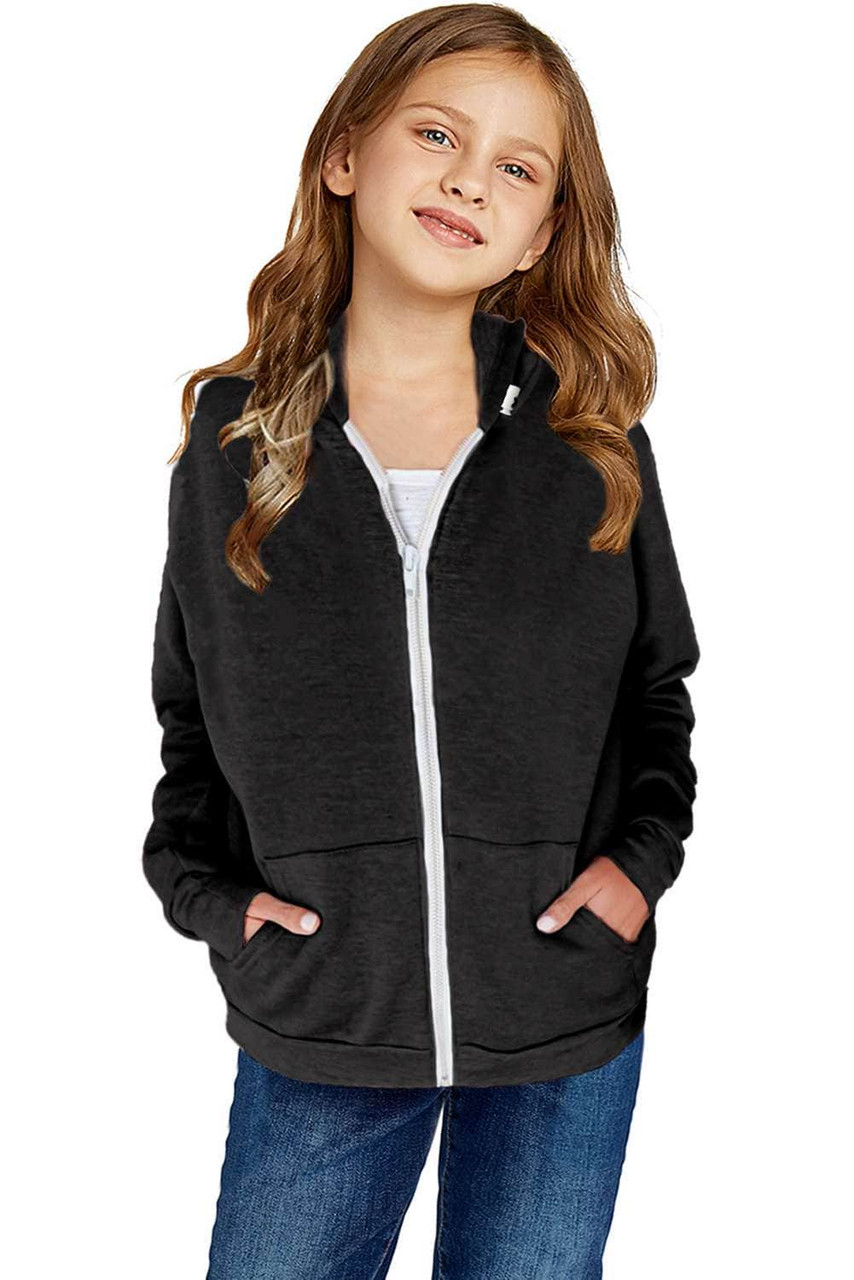 Black Zipper Hooded Girl’s Coat with Pocket