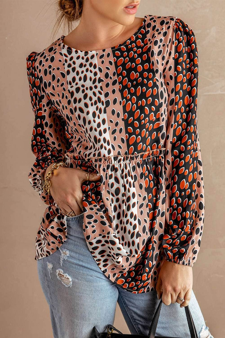 Polka Dot Print Puff Long Sleeve Babydoll Top