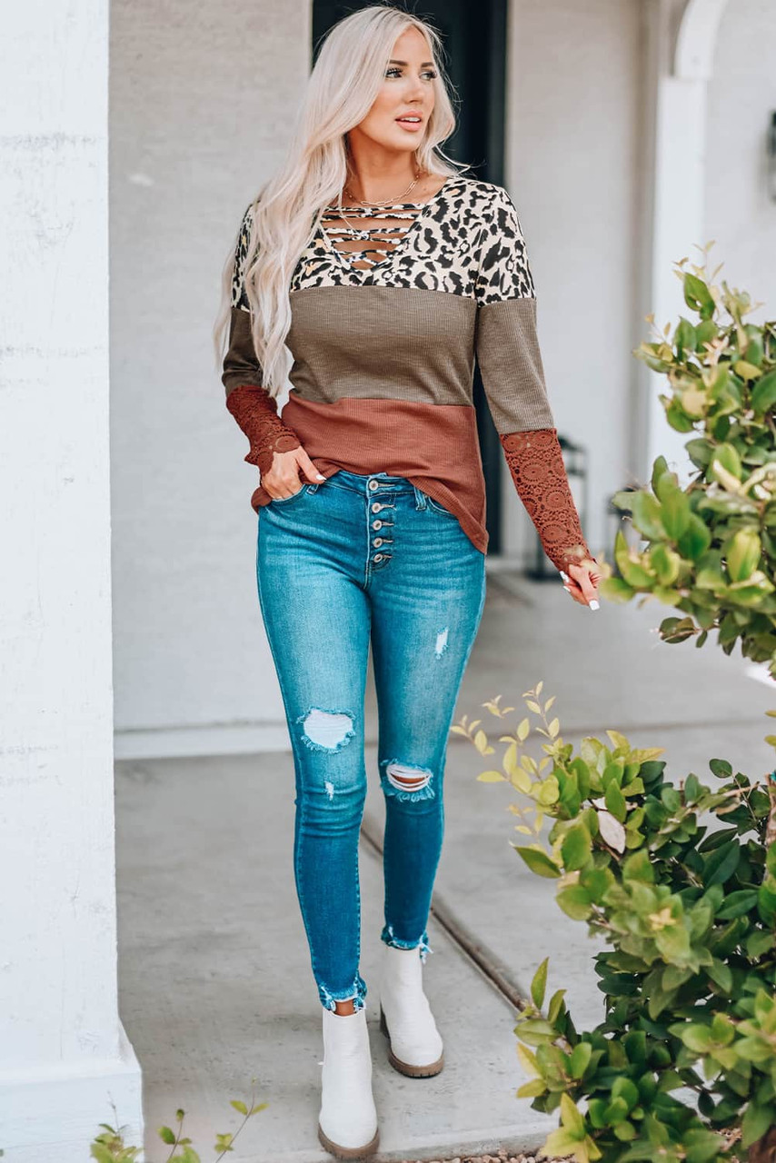 Brown Lace Splicing Hollow-out Leopard Color Block Top