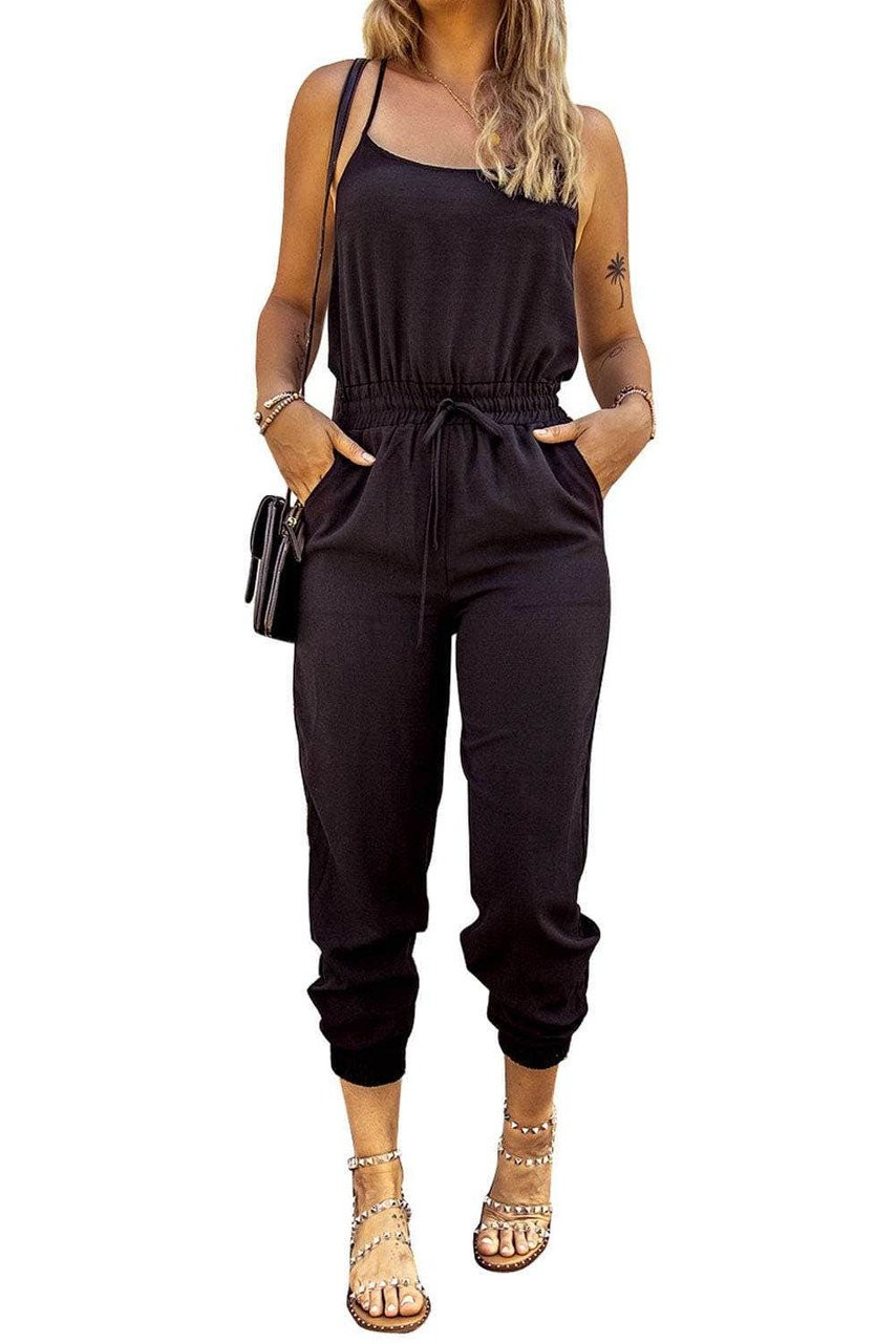 Black Drawstring Waist Spaghetti Straps Jumpsuit Black Drawstring Waist Spaghetti Straps Jumpsuit