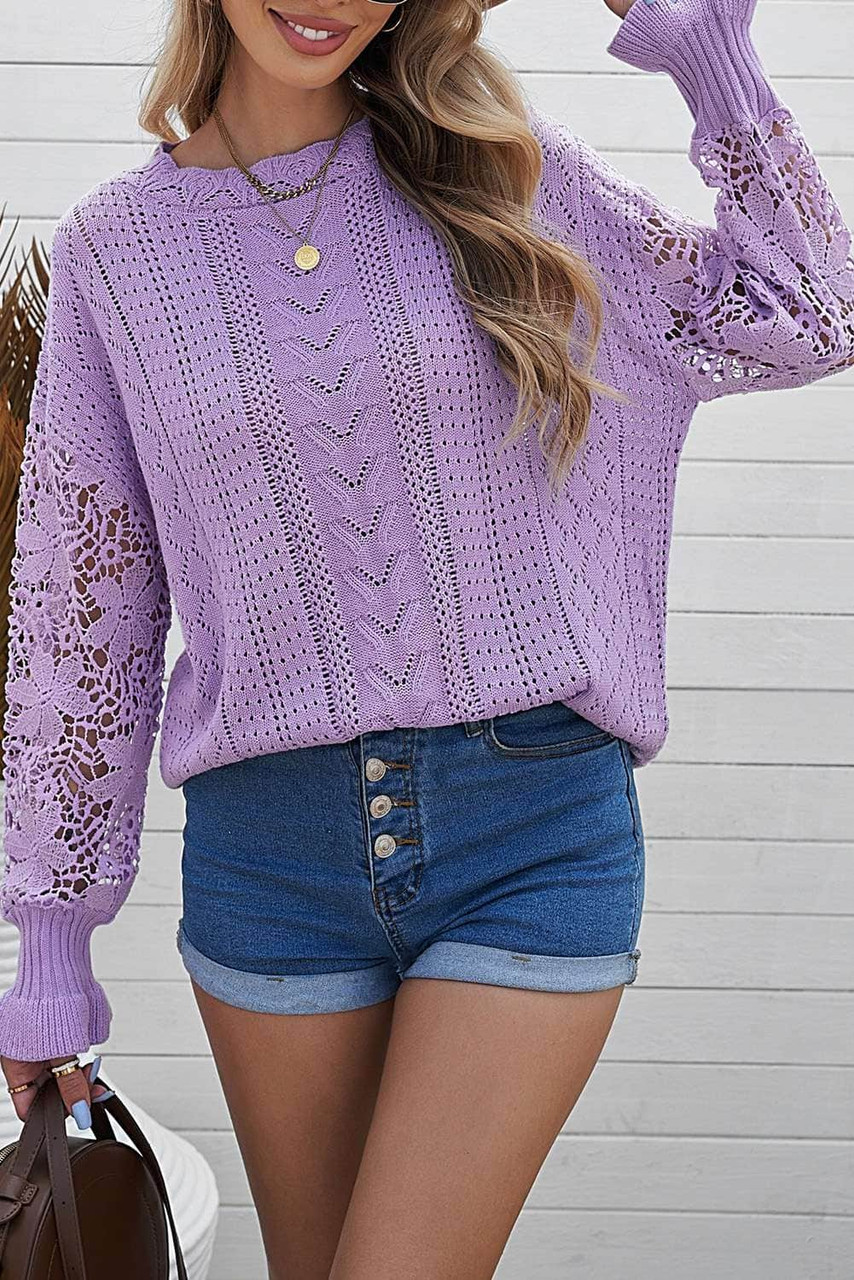 Purple Crochet Lace Pointelle Knit Sweater