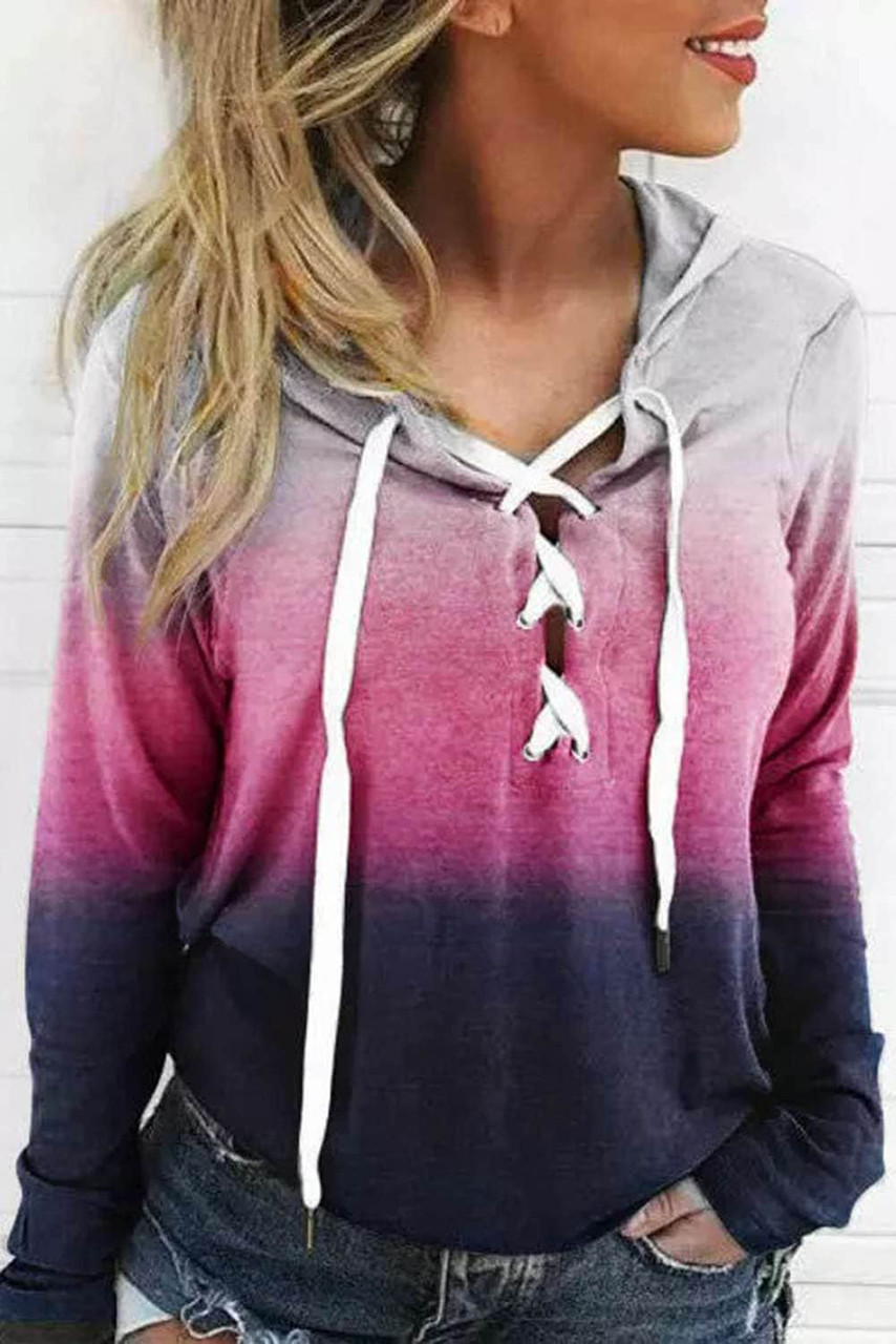 Pink Gradient Lace Up Long Sleeve Pullover Hoodie