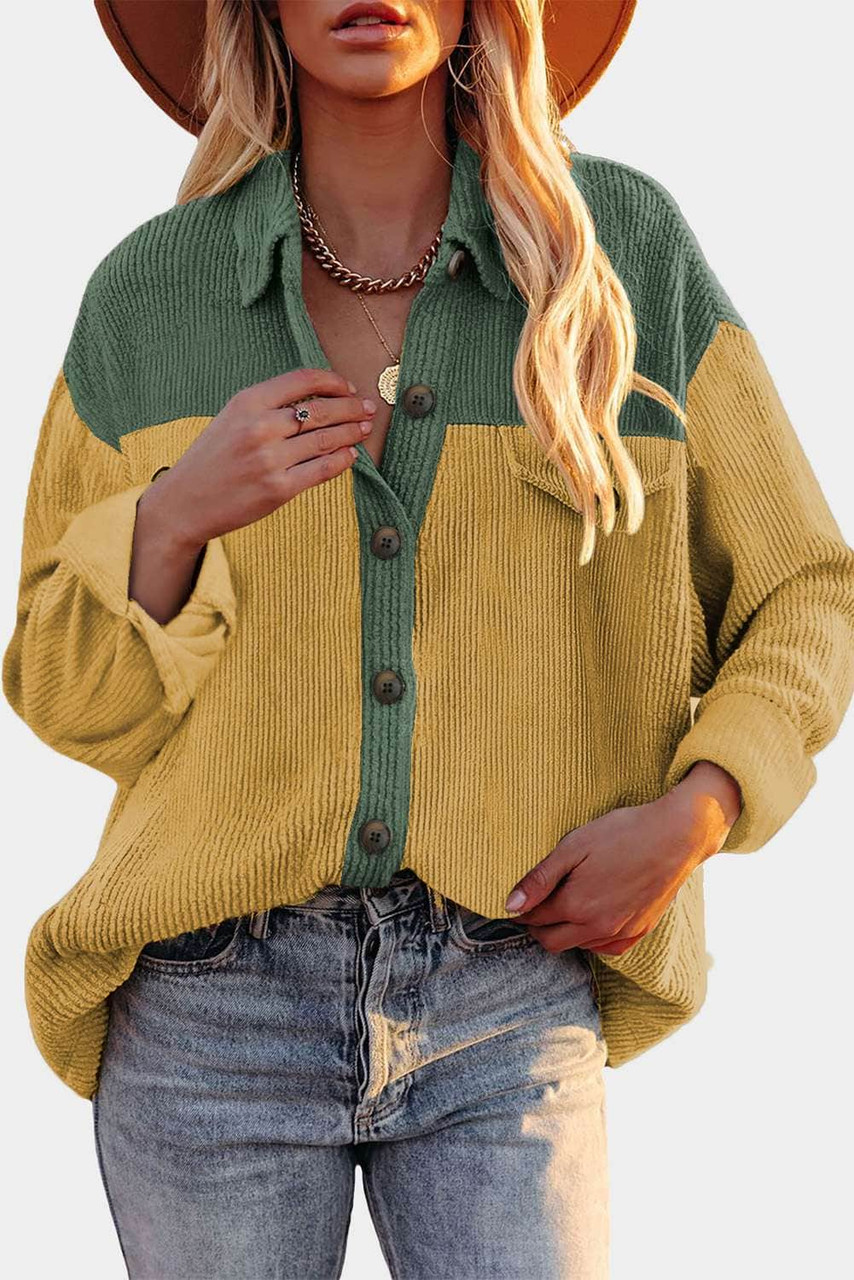 Yellow Buttoned Color Block Corduroy Jacket