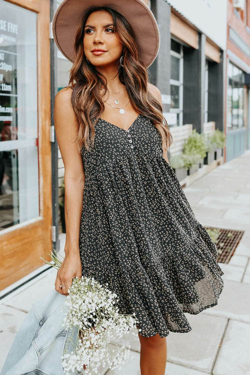 Leopard Printed Buttoned Spaghetti Strap A-line Cami Dress