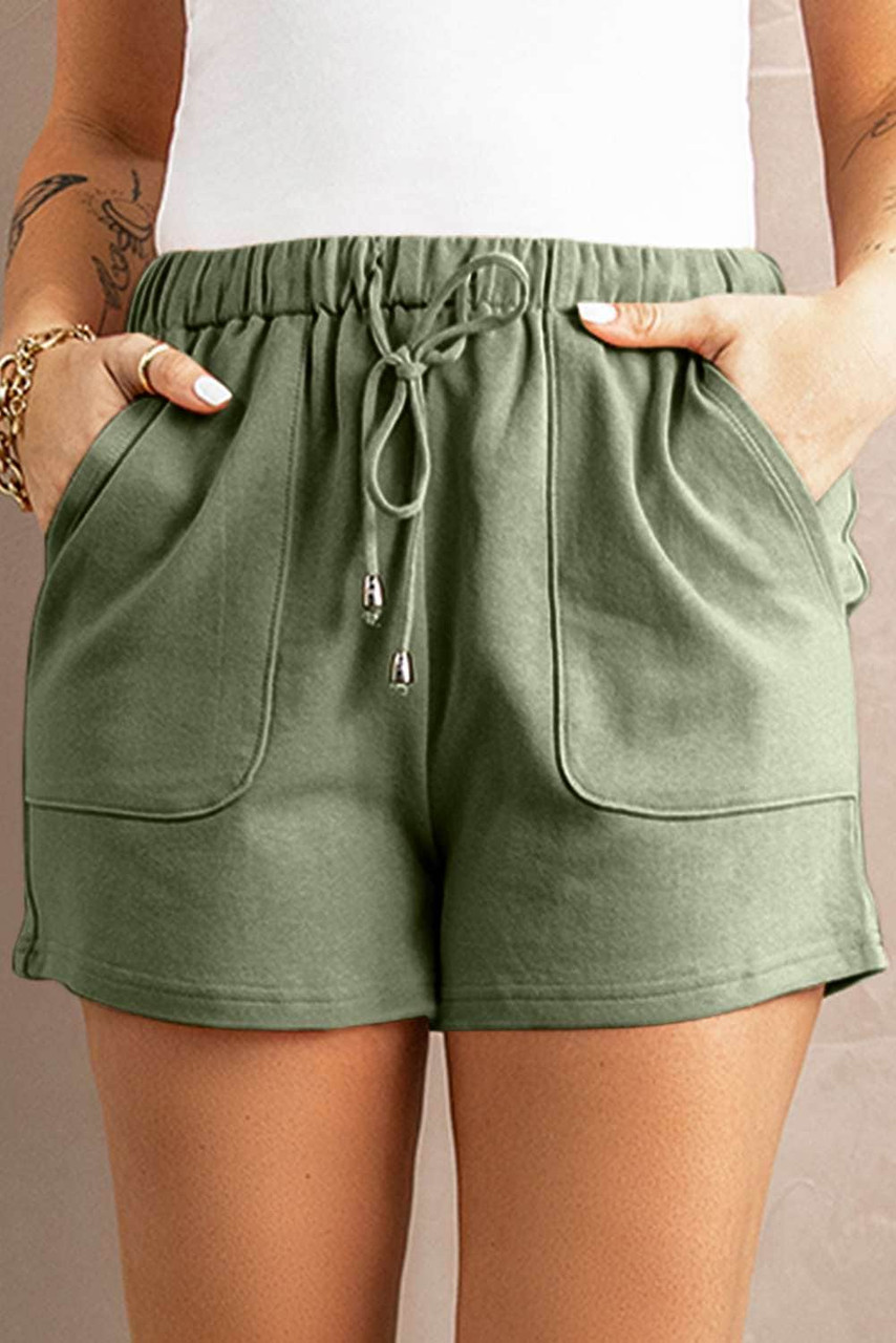 Army Green Drawstring Elastic Waist Pocketed Shorts