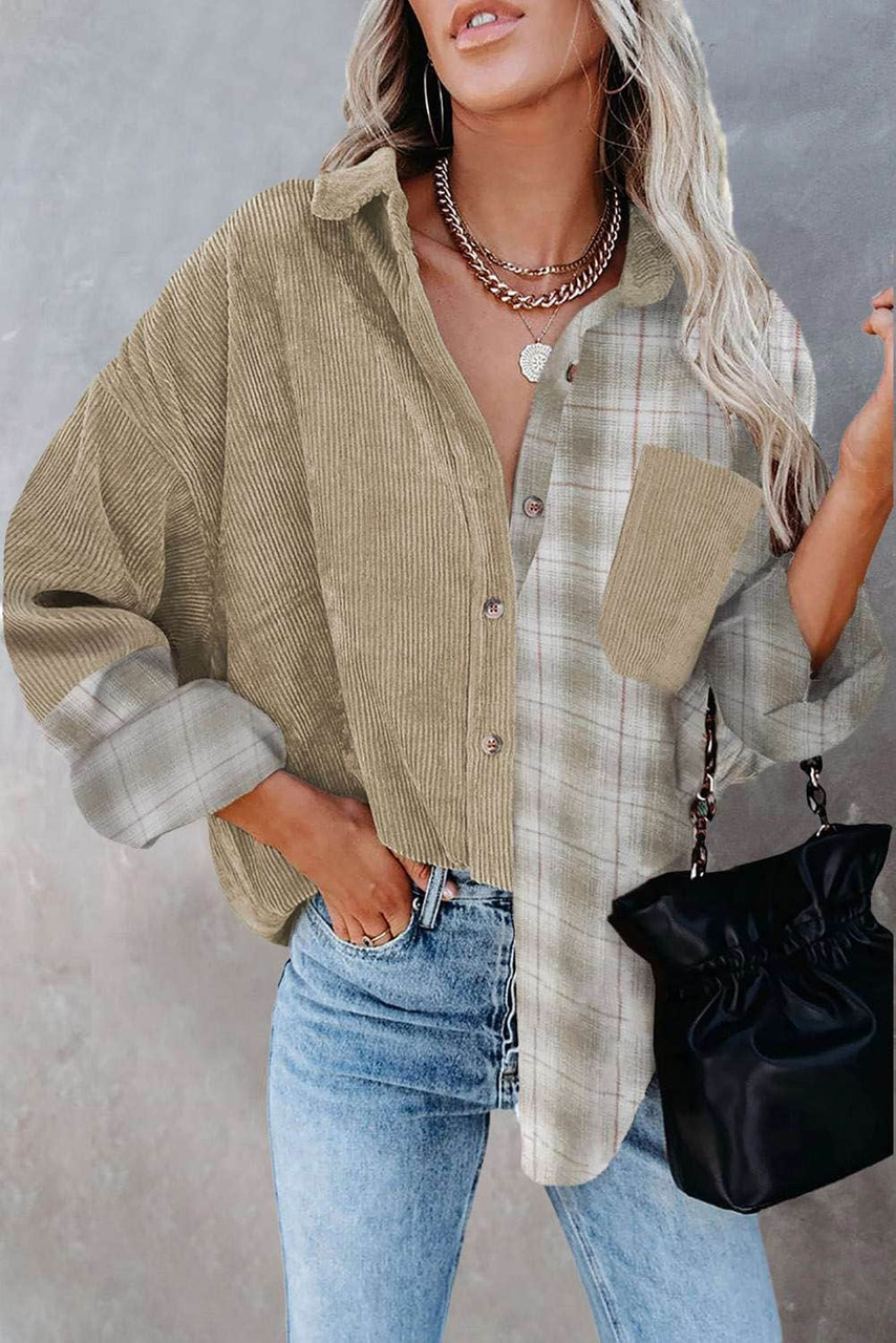 Plaid Color Block Button-up Oversize Corduroy Shirt