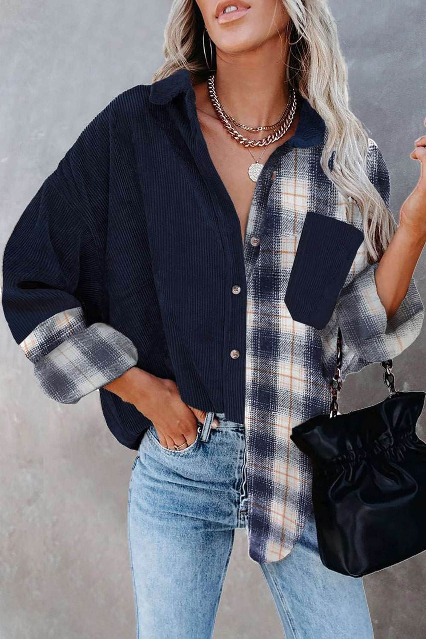 Navy Plaid Color Block Button-up Oversize Corduroy Shirt