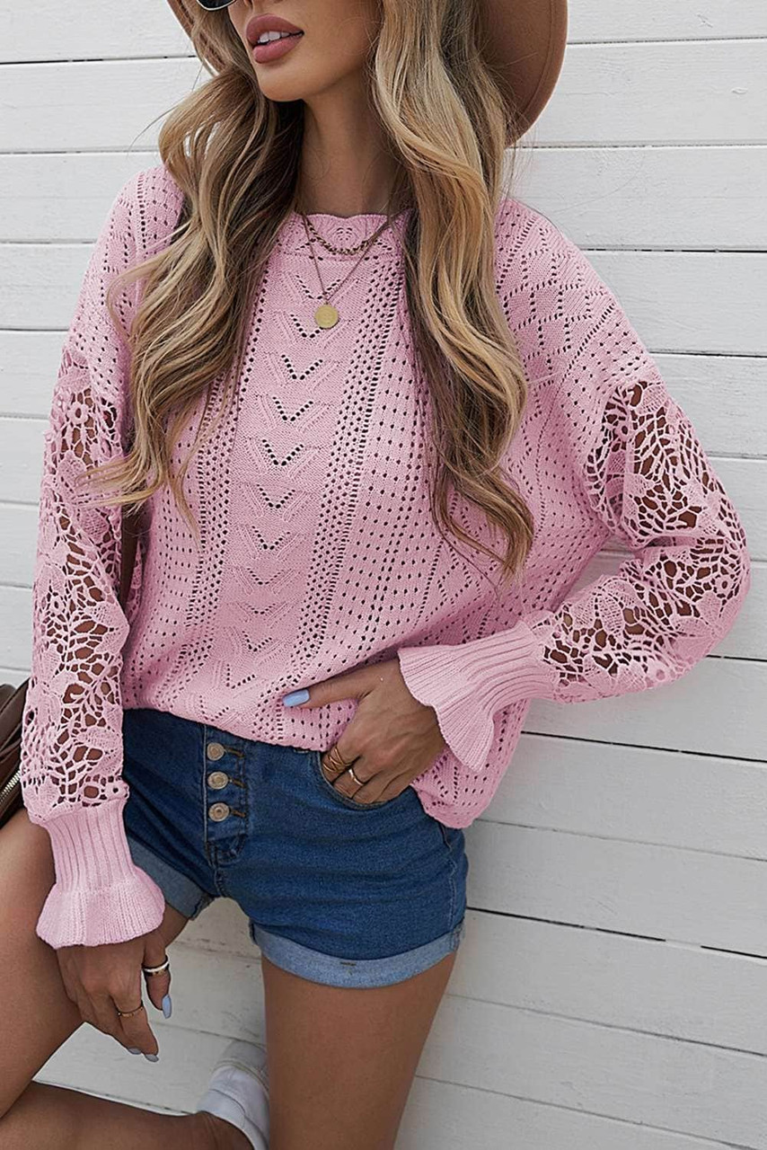 Pink Crochet Lace Pointelle Knit Sweater