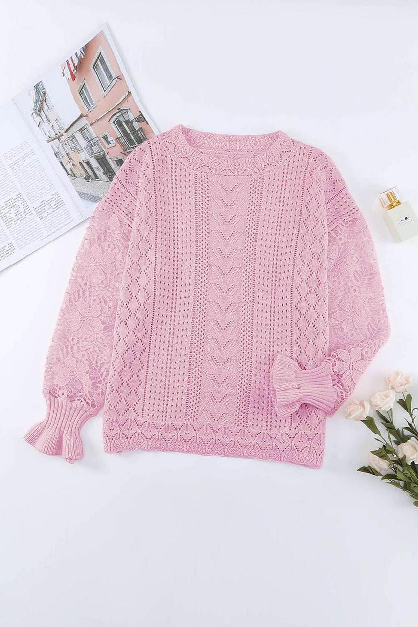 Pink Crochet Lace Pointelle Knit Sweater