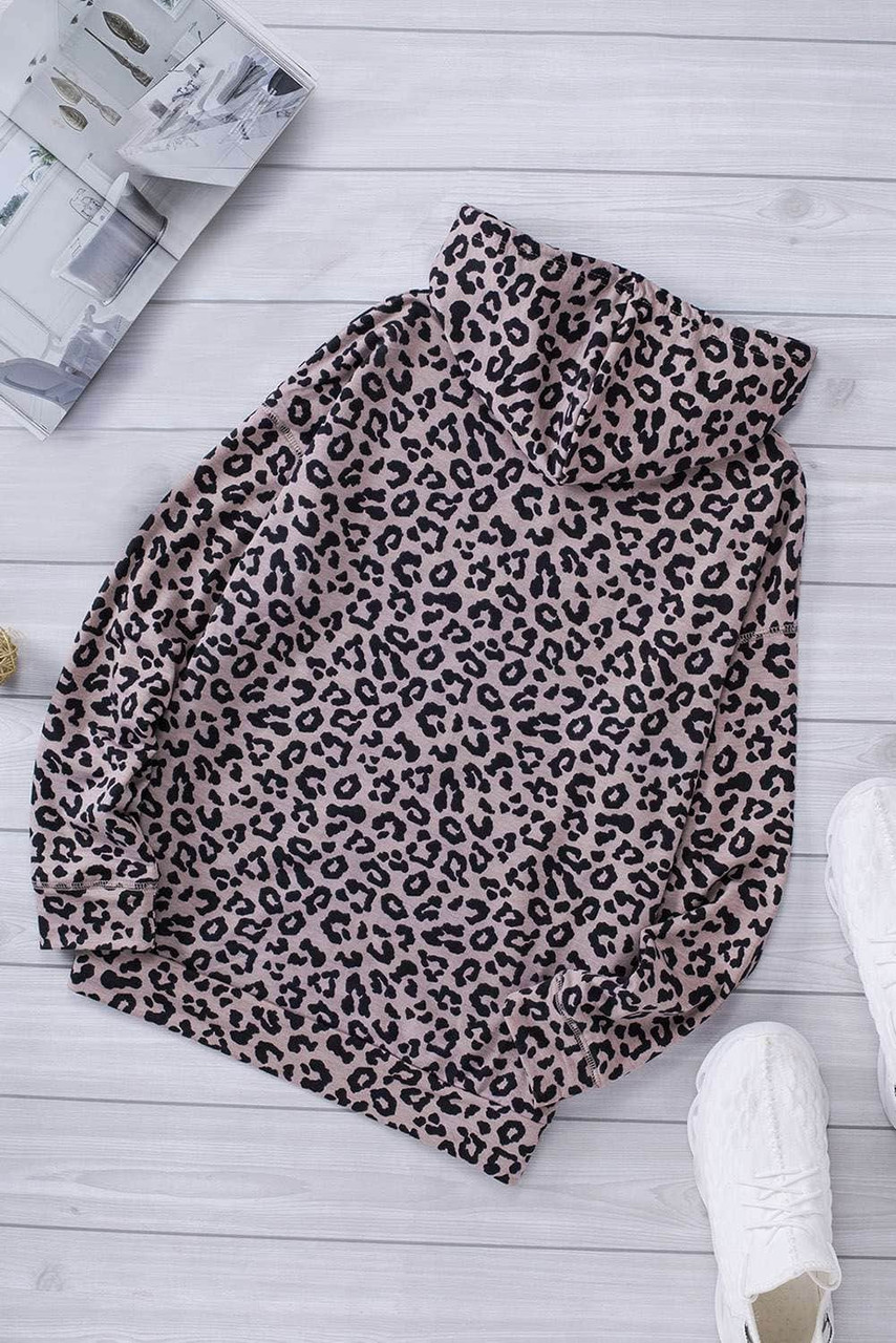 Leopard Print Zipper Hooded Coat with Pocket