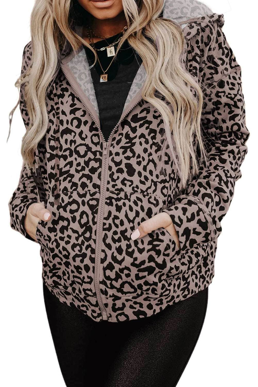 Leopard Print Zipper Hooded Coat with Pocket